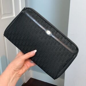 Authentic Christian Dior all black signature print lightweight zip top clutch